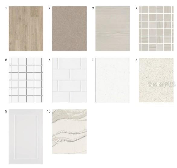 This image shows a grid of ten interior design material samples including flooring, tile, and countertops — 11192 CARDING MILL LANE, WINTER GARDEN, FL