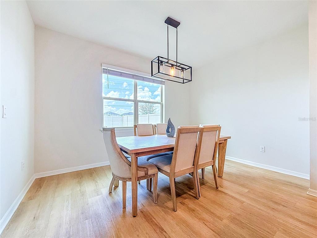 A dining room features light wood flooring, a rectangular table with chairs, and a pendant light — 11415 GREEN HARVEST DRIVE, RIVERVIEW, FL