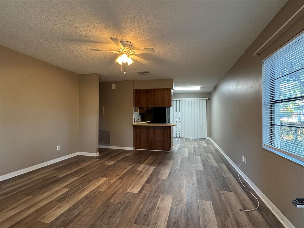 An open living area features wood-look flooring, a ceiling fan, and a kitchen pass-through window — 5619 PEACH AVENUE, SEFFNER, FL