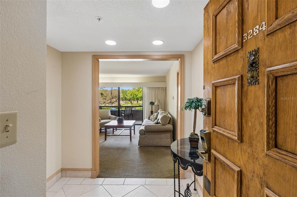 A view from an open wooden door into a carpeted living room with balcony access — 36750 US HIGHWAY 19 N UNIT 22208, PALM HARBOR, FL