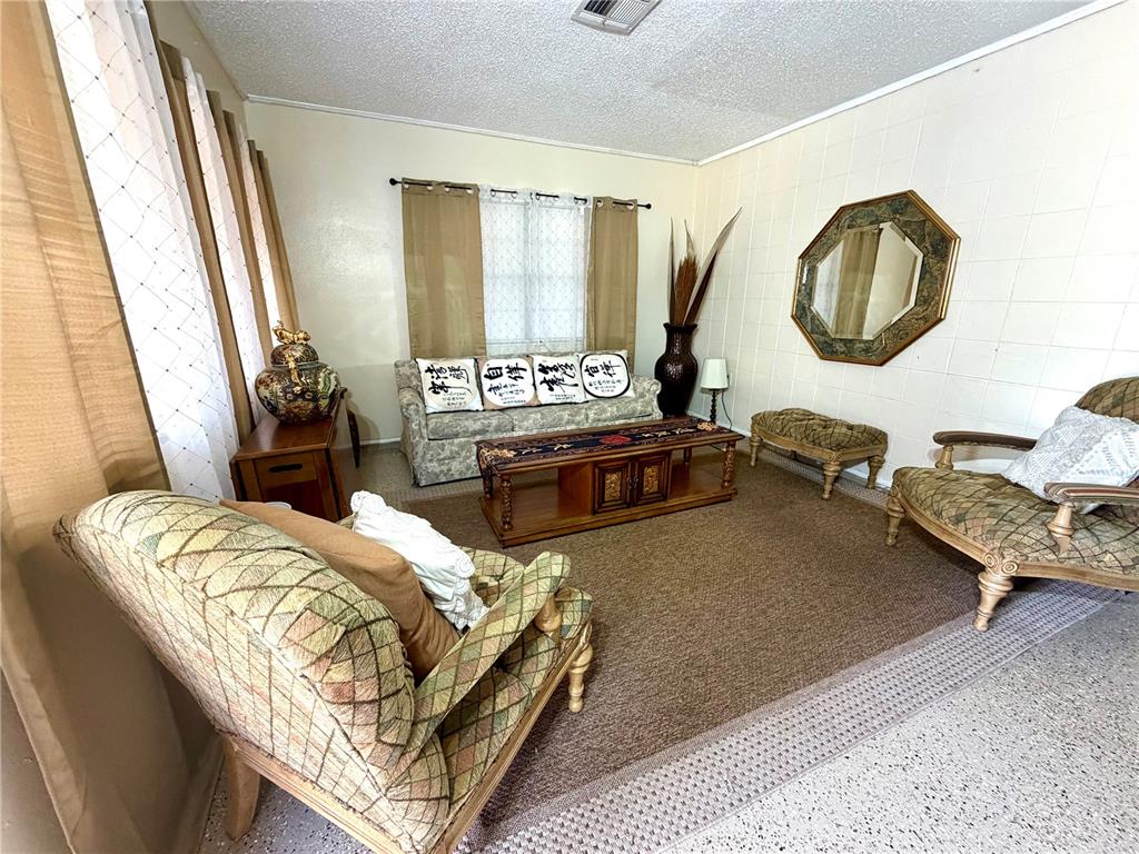 A living room features patterned armchairs, a sofa with decorative pillows, and a coffee table — 317 AVENUE G SE, WINTER HAVEN, FL