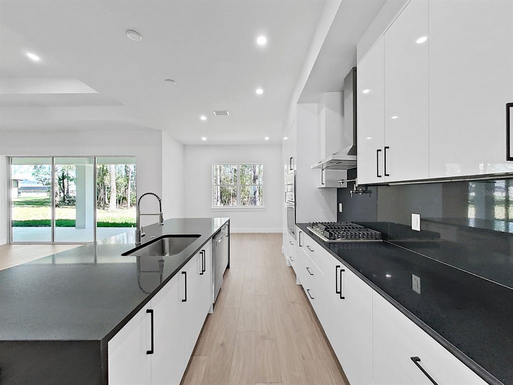 A modern kitchen features white cabinets, black countertops, and a large island with a sink — 4748 HICKORY OAK DRIVE, BROOKSVILLE, FL