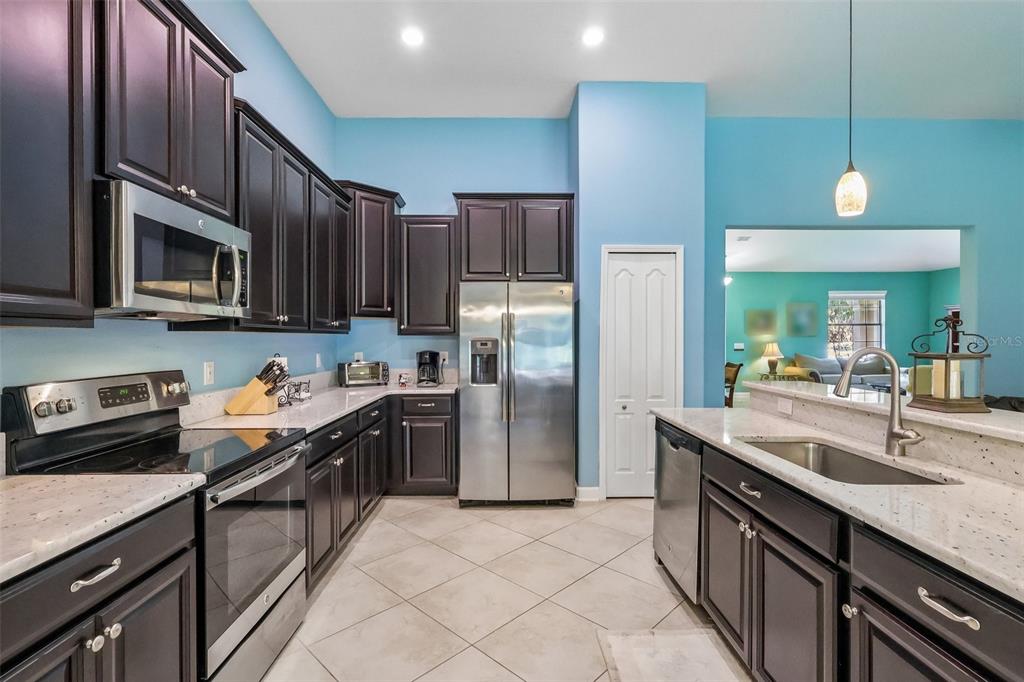 A kitchen with dark wood cabinets, stainless steel appliances, and light-colored granite countertops — 8976 DOVE VALLEY WAY, DAVENPORT, FL