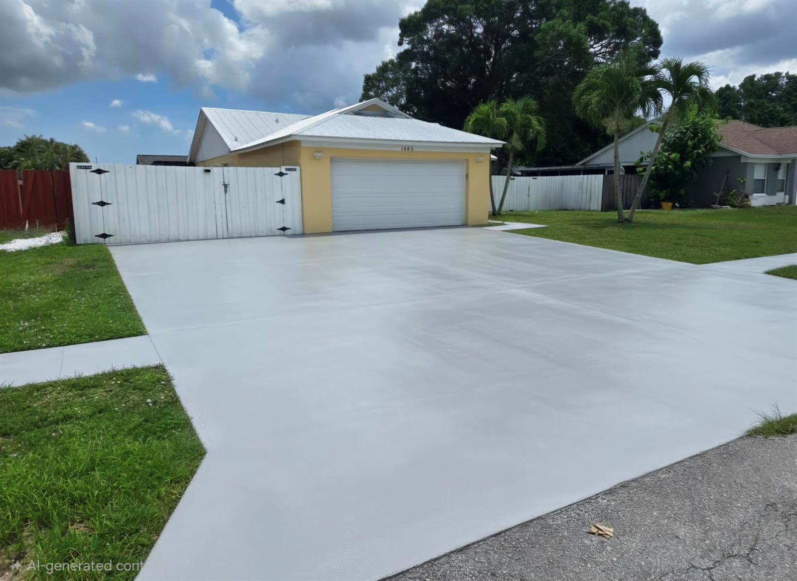 A yellow house with a white metal roof features a large, freshly painted gray driveway — 1402 Denlow Lane, Royal Palm Beach FL 33411, ROYAL PALM BEACH, FL