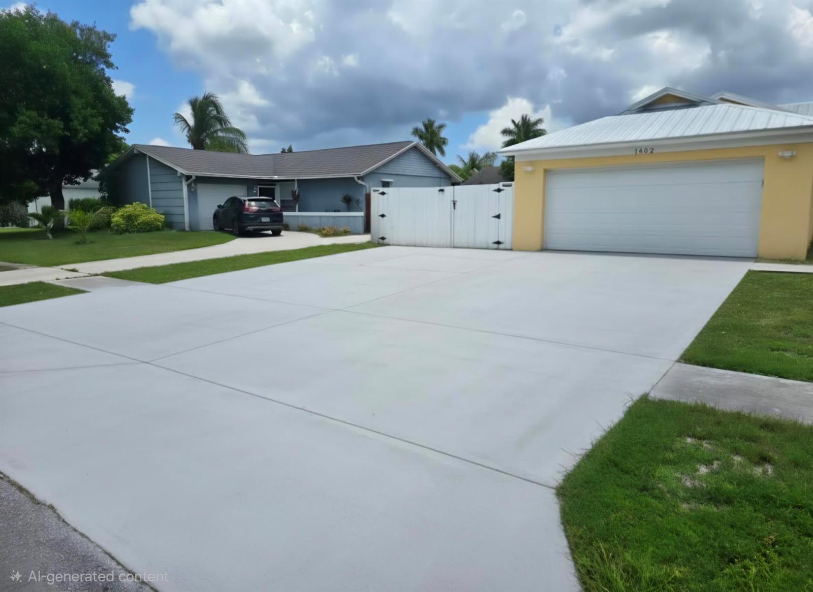 A wide concrete driveway leads to a yellow house with a white garage door — 1402 Denlow Lane, Royal Palm Beach FL 33411, ROYAL PALM BEACH, FL