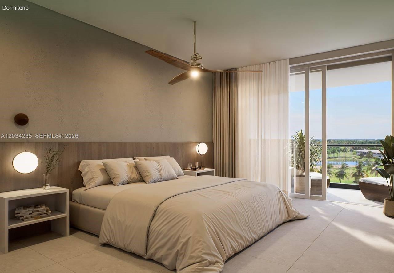 This rendering shows a modern bedroom with a bed, ceiling fan, and balcony view — 1 Cabeza De Toro # 1, FL