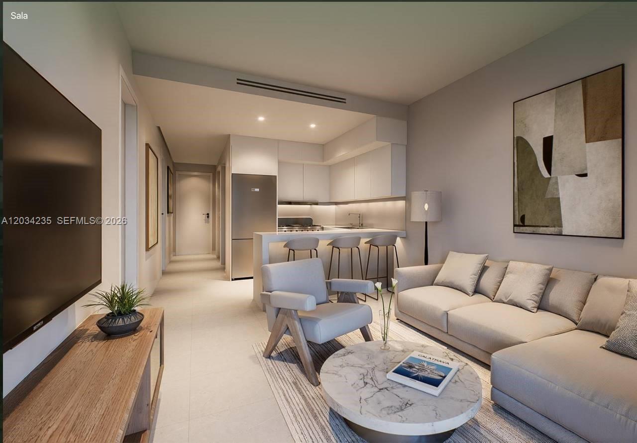This rendering shows a modern open-concept living room and kitchen with neutral-toned furniture — 1 Cabeza De Toro # 1, FL
