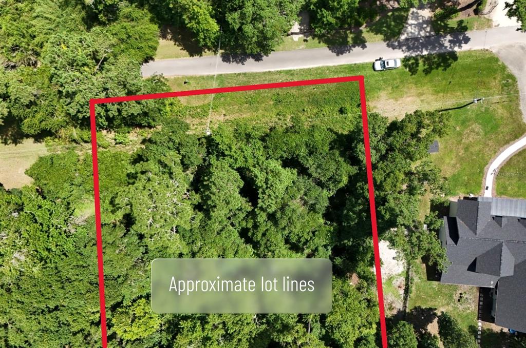 An aerial view shows a wooded, rectangular plot of land outlined in red near a road — 21103 NE 117TH AVENUE, WALDO, FL