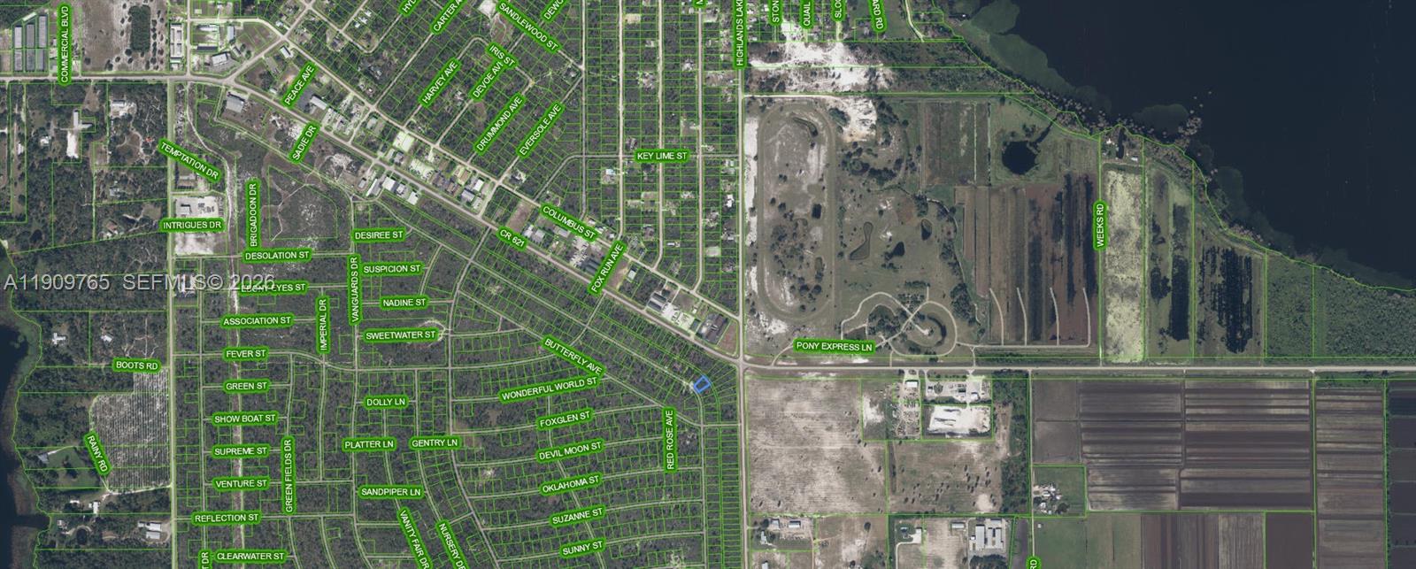 This is an aerial map view of a residential neighborhood with surrounding undeveloped land — 556 Ebbtide, Lake Placid FL 33852, LAKE PLACID, FL