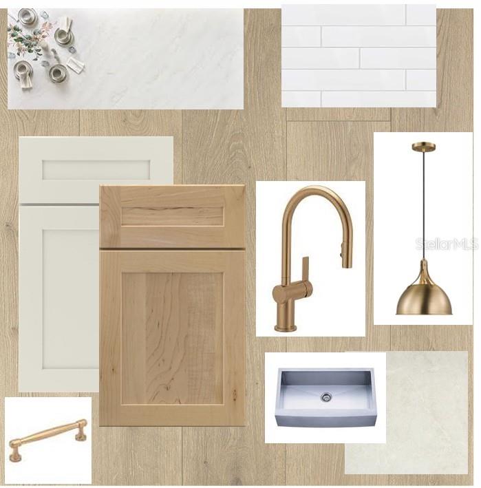 This is a digital design mood board featuring kitchen cabinetry, hardware, lighting, and finish samples — 17577 FOXTAIL LOOP, VENICE, FL