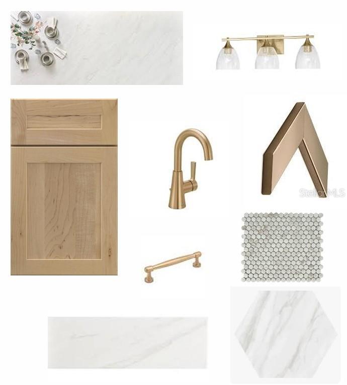 This is a digital mood board featuring light wood cabinets, marble surfaces, and gold hardware — 17577 FOXTAIL LOOP, VENICE, FL