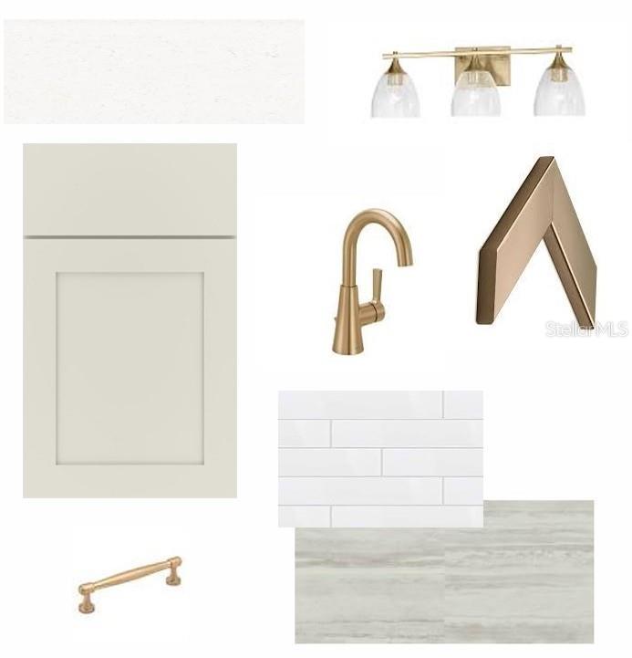This is a digital design mood board featuring neutral cabinetry, gold hardware, and tile samples — 17577 FOXTAIL LOOP, VENICE, FL