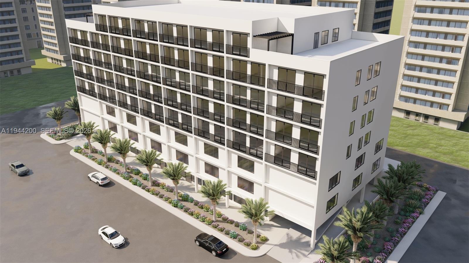 This is a digital architectural rendering of a modern multi-story apartment building with balconies — 11892 SW 214 ST, Miami FL 33177, MIAMI, FL