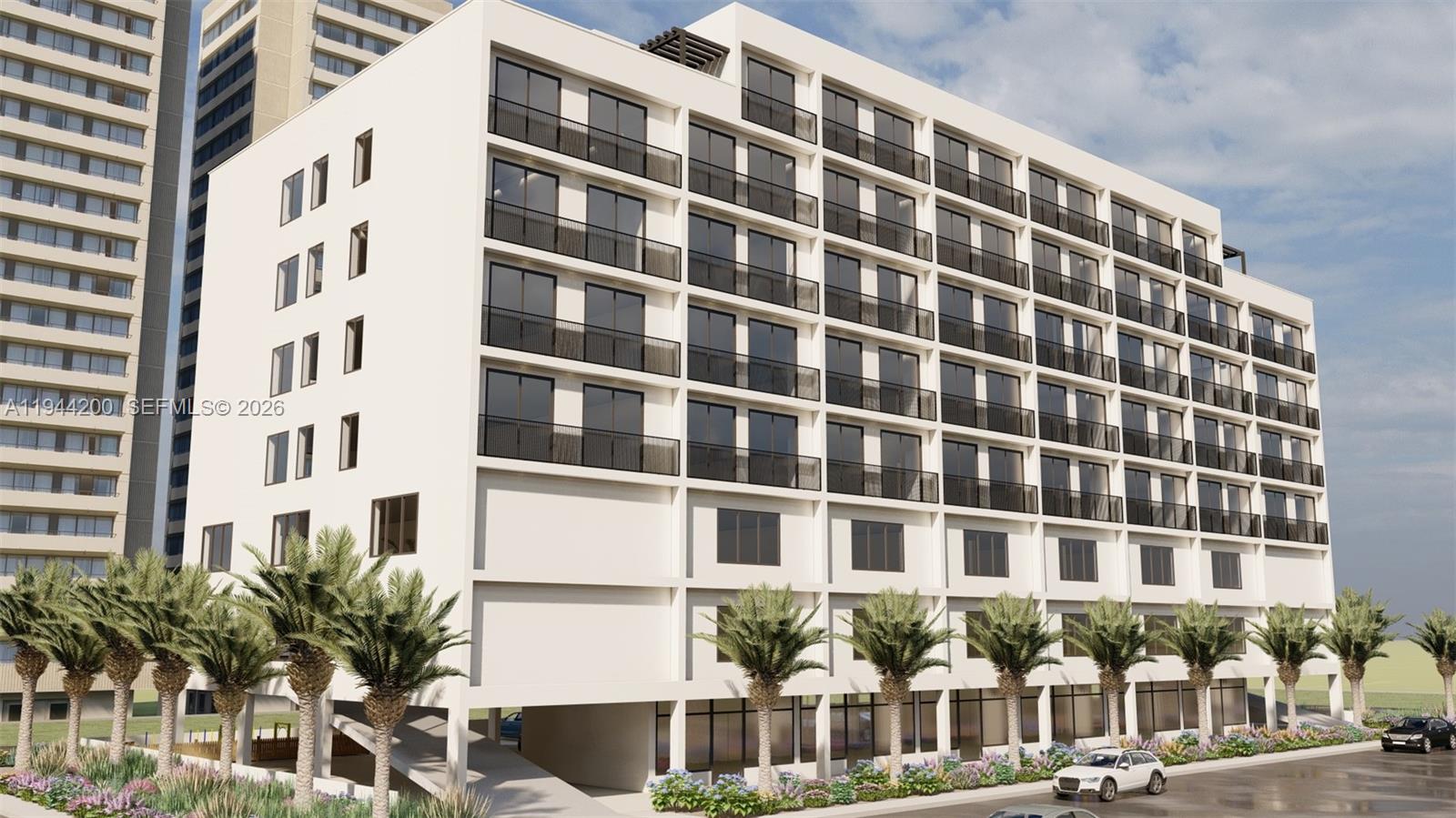 This is a digital rendering of a modern multi-story residential building with palm trees — 11892 SW 214 ST, Miami FL 33177, MIAMI, FL