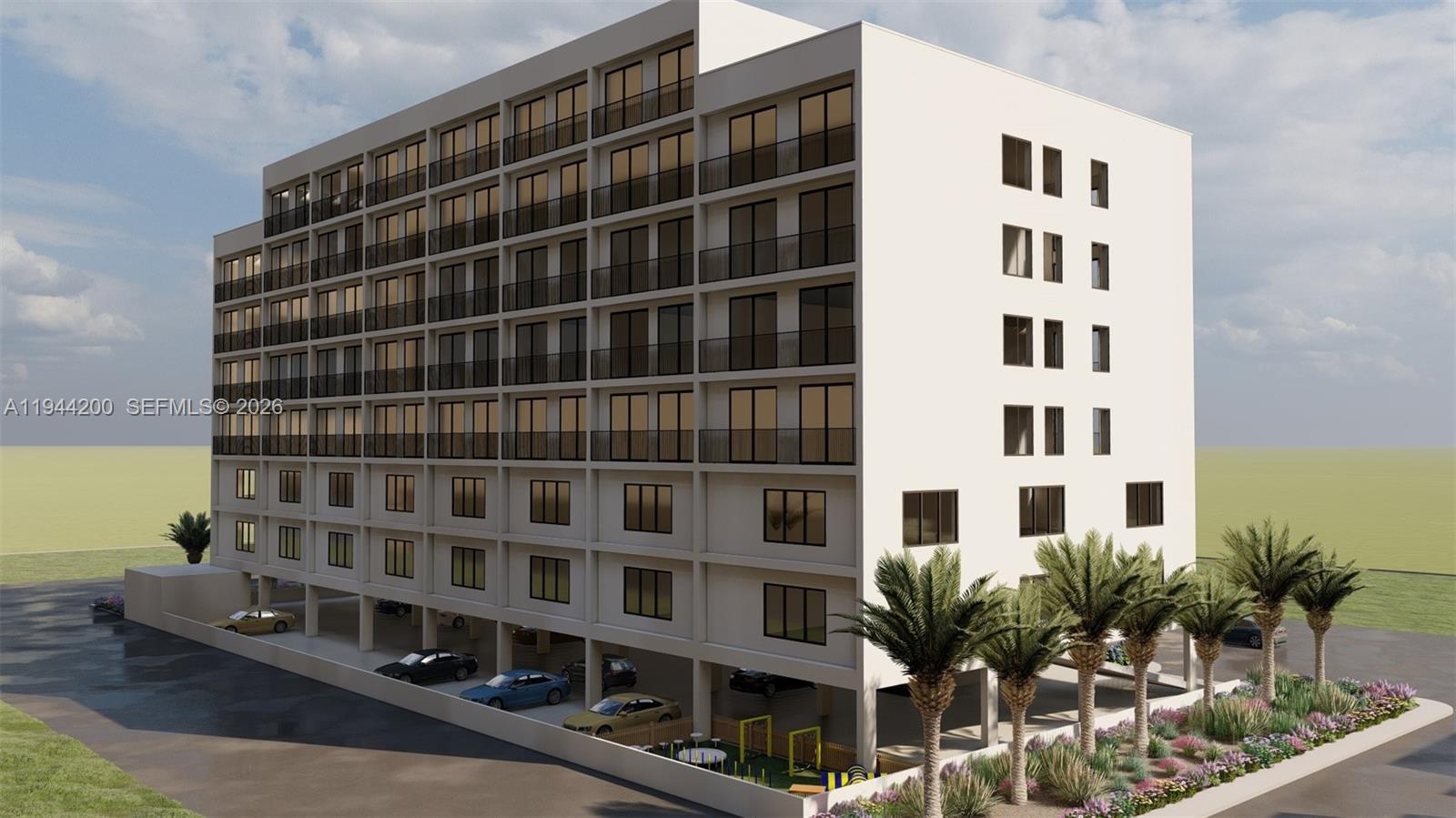 A digital rendering of a modern multi-story apartment building with ground-level parking and landscaping — 11892 SW 214 ST, Miami FL 33177, MIAMI, FL