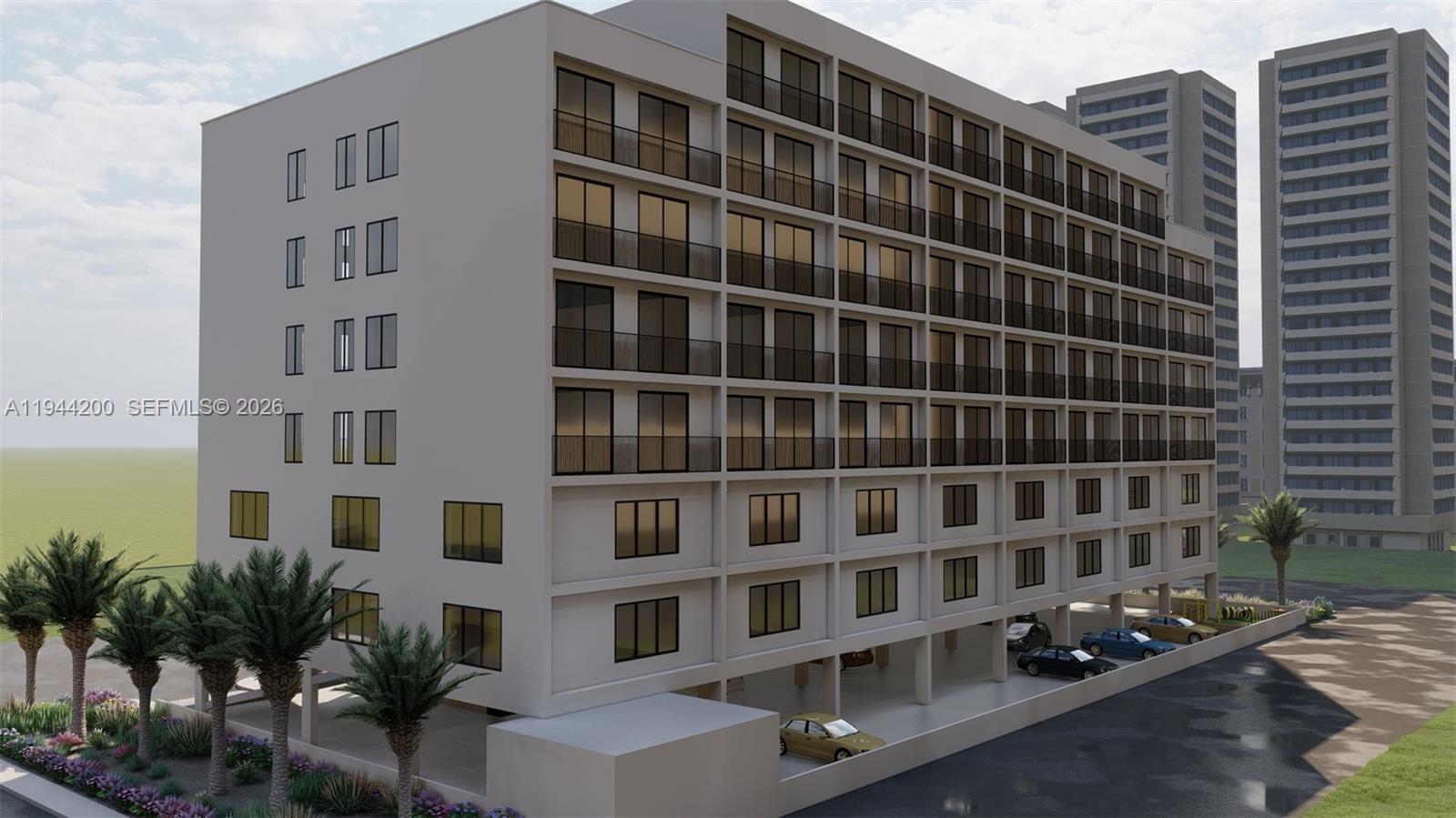 This is a digital rendering of a multi-story apartment building with a ground-level parking area — 11892 SW 214 ST, Miami FL 33177, MIAMI, FL