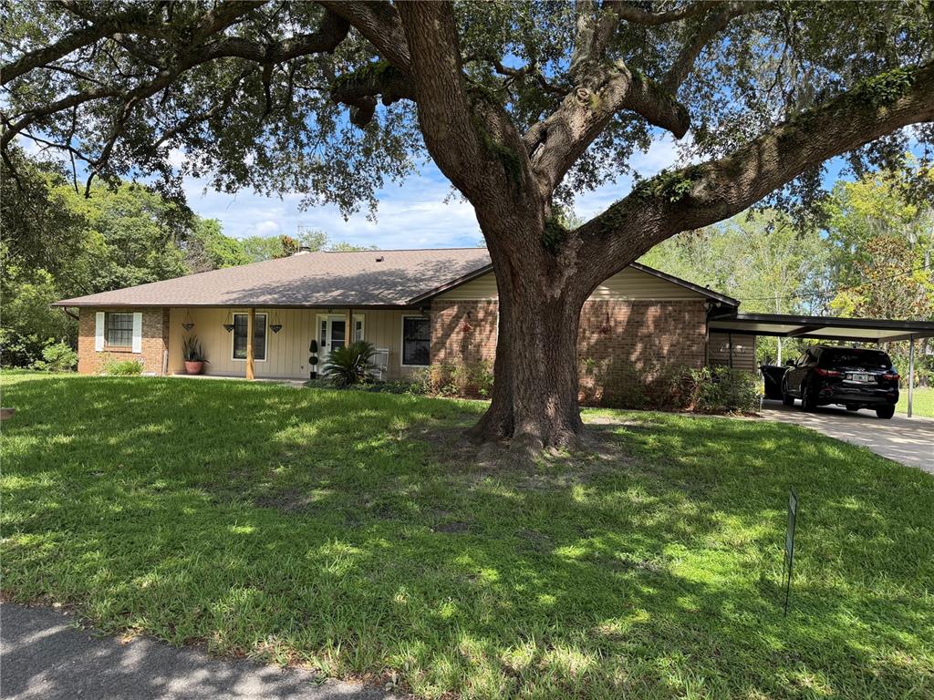 A single-story brick house with a large oak tree and a carport in the front — 5915 SHERYL ANITA STREET, OVIEDO, FL
