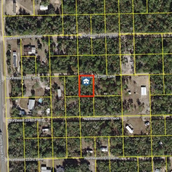 This is an aerial map showing a highlighted parcel of land in a wooded area — 15350 NE 234TH LANE, FORT MC COY, FL
