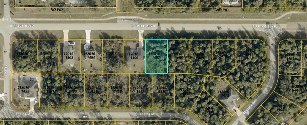 This is an aerial map showing a vacant, rectangular lot highlighted in blue among residential properties — E PRICE BOULEVARD, NORTH PORT, FL