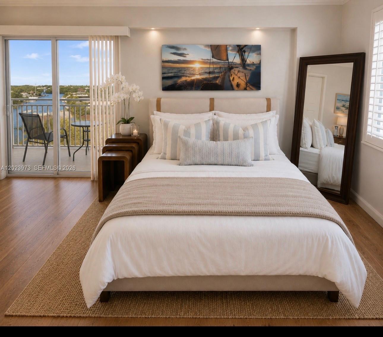 A bedroom with a queen bed, wood floors, a large mirror, and a balcony view — 4505 S Ocean Blvd # 502, Highland Beach FL 33487, HIGHLAND BEACH, FL