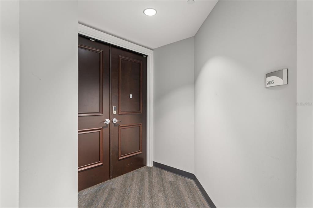 A dark wood double door with a silver handle stands in a gray-walled hallway — 449 S 12TH STREET UNIT 2005, TAMPA, FL