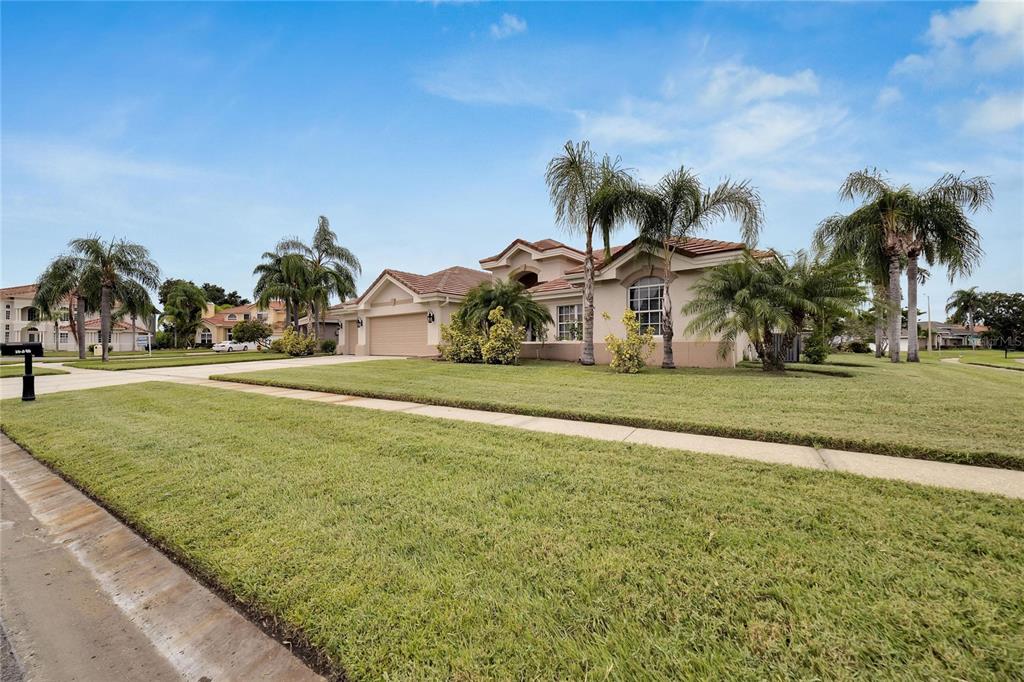 A single-story suburban house with a tan stucco exterior, a tile roof, and palm trees — 10301 MANTA WAY, TAMPA, FL