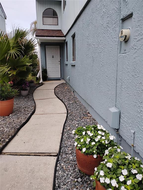 A concrete walkway leads to a white front door alongside a blue stucco house exterior — 1757 WINDSONG CIRCLE, FLAGLER BEACH, FL