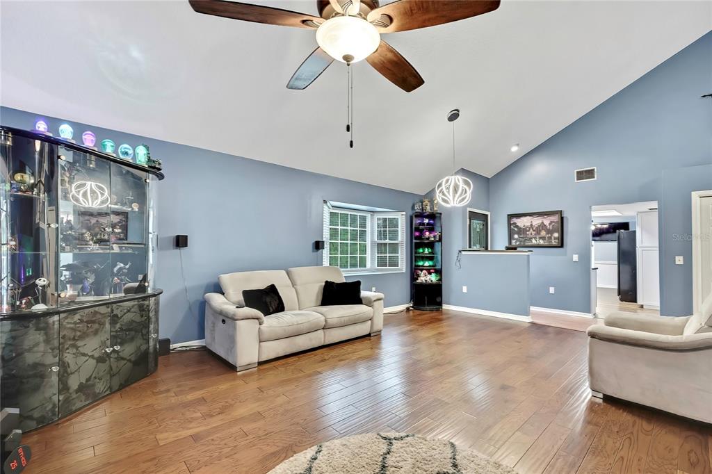 A living room features blue walls, hardwood floors, a vaulted ceiling, and a ceiling fan — 46 GREENTREE STREET, HOMOSASSA, FL
