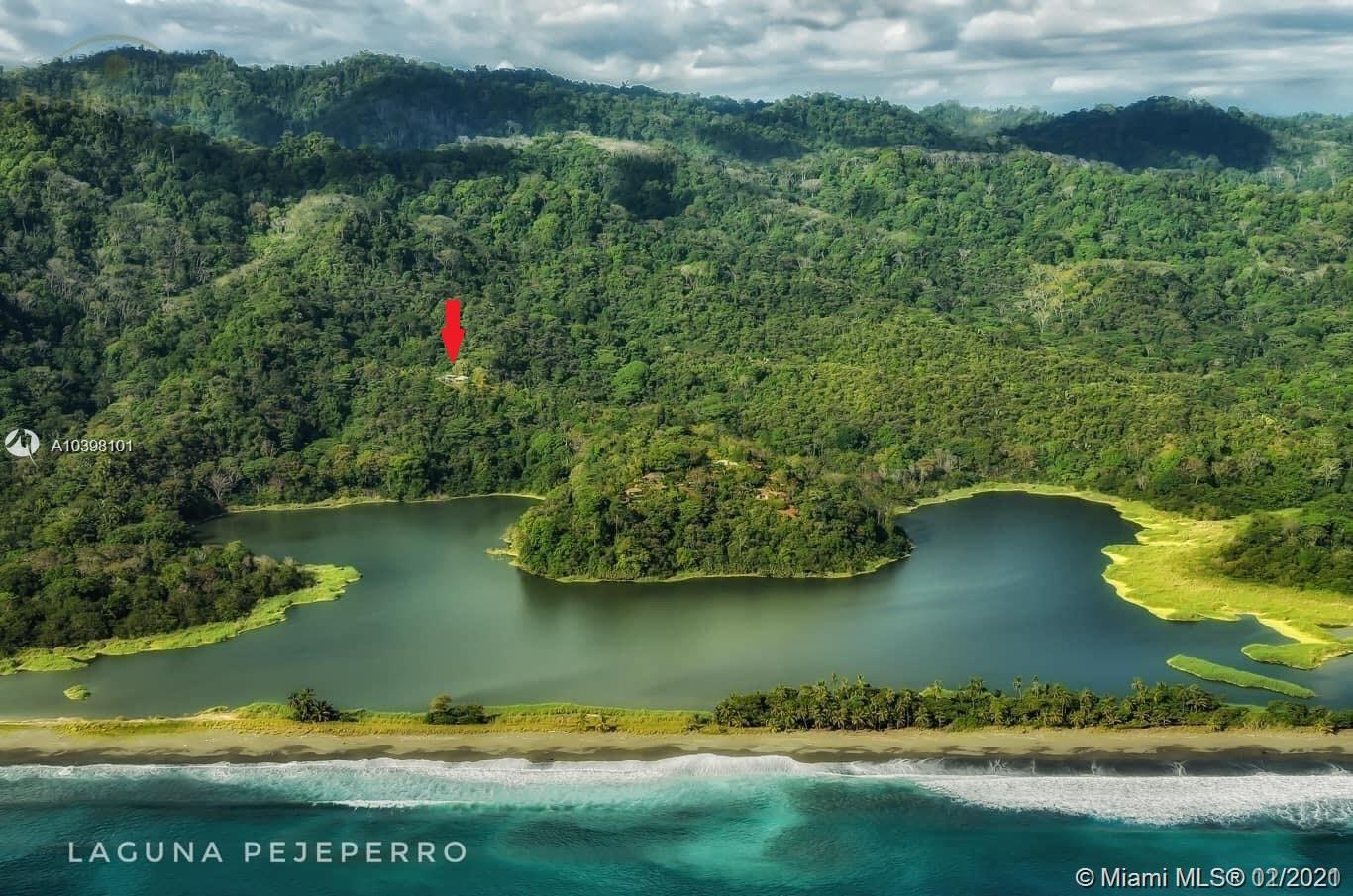 An aerial view of a coastal lagoon, a sandy beach, and a forested hillside with structures — 1 Carate Osa Peninsula, 00000, FL