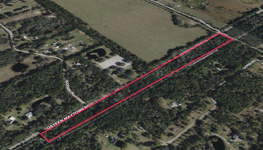 An aerial view shows a rectangular plot of land outlined in red along a road — 200 GUISE ROAD, OSTEEN, FL