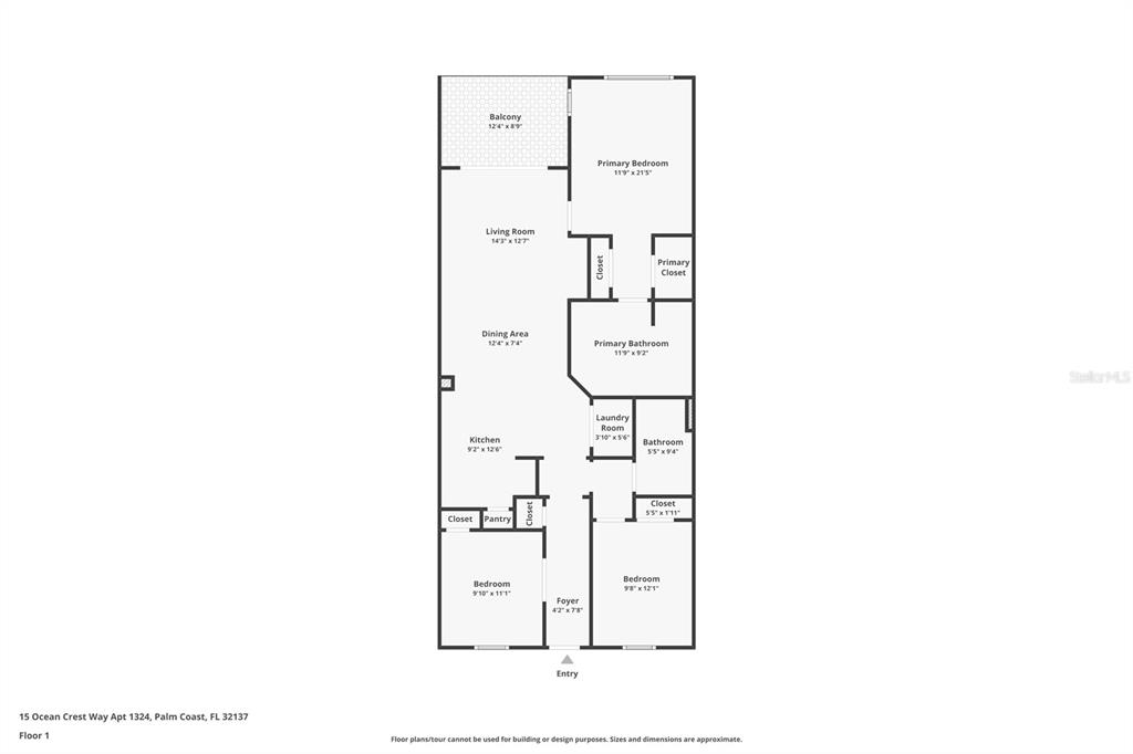 This is a floor plan for a three-bedroom apartment with a balcony and two bathrooms — 15 OCEAN CREST WAY UNIT 1324, PALM COAST, FL