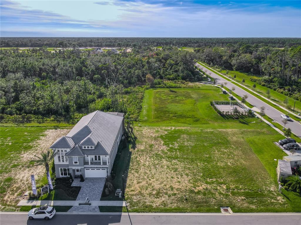An aerial view shows a two-story house next to a large, undeveloped grassy lot — 81 CORONADO ROAD, FLAGLER BEACH, FL