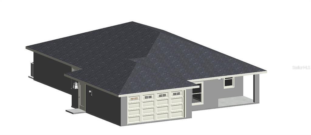 This is a 3D rendering of a single-story house with a two-car garage — 16426 COURLAN ROAD, BROOKSVILLE, FL
