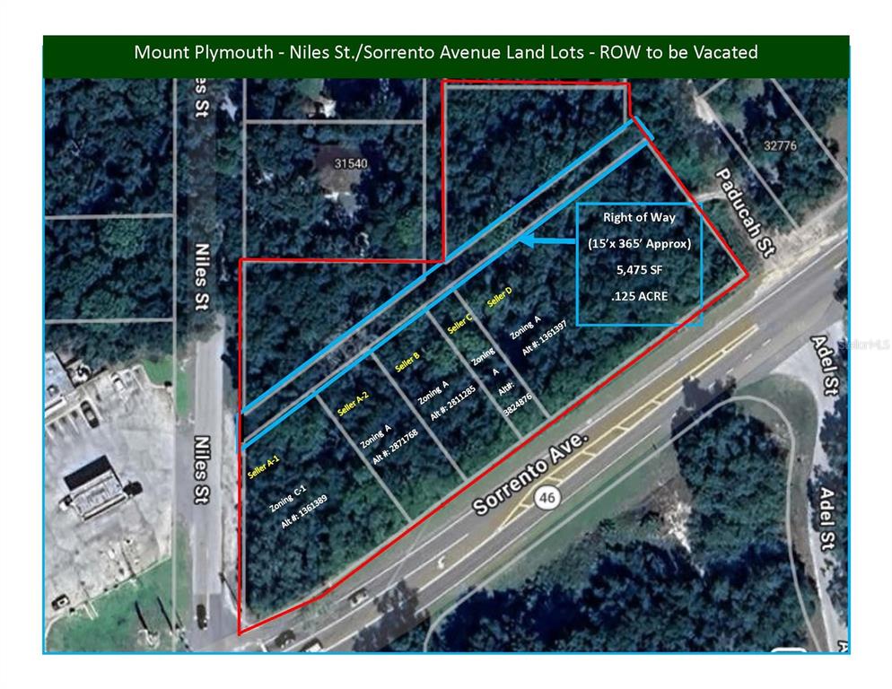 An aerial map shows land lots and a right-of-way area outlined in red and blue — SORRENTO AVENUE, MOUNT PLYMOUTH, FL