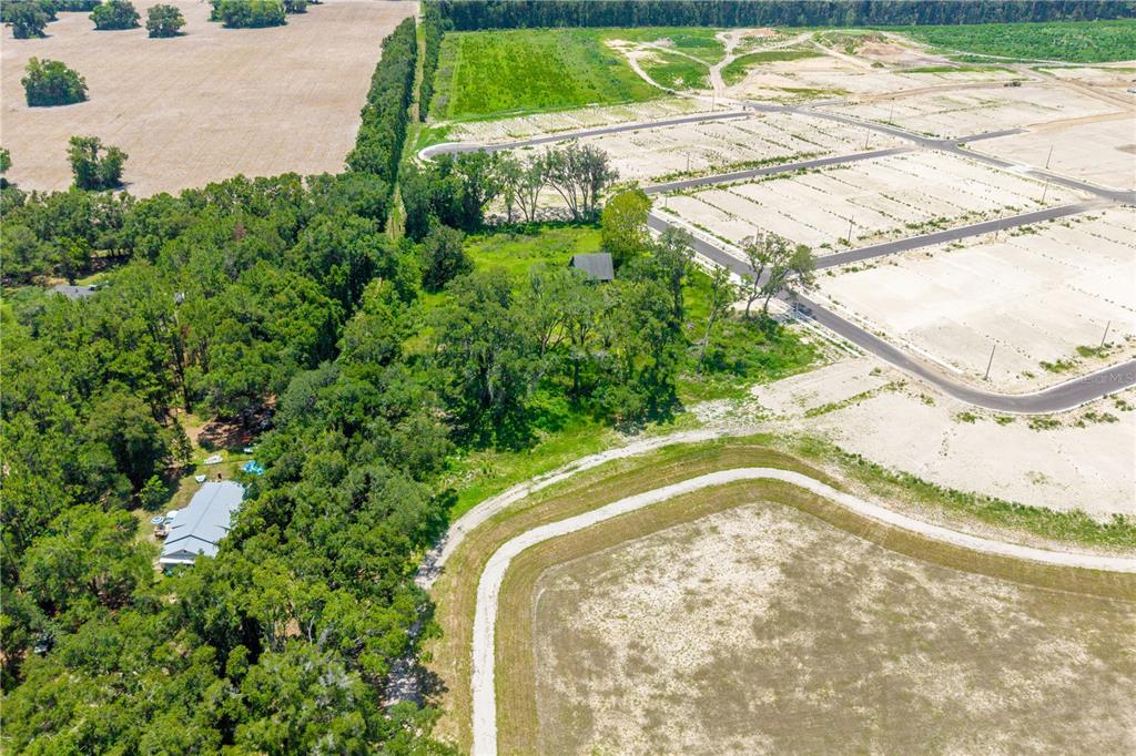 An aerial view shows a house nestled in trees next to a large residential development site — 23479 W NEWBERRY ROAD, NEWBERRY, FL