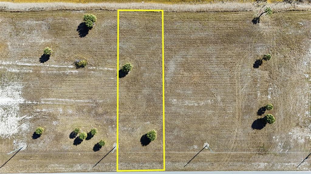 An aerial view shows a rectangular plot of land outlined in yellow on a field — 32 YELLOWHAMMER DRIVE, PLACIDA, FL
