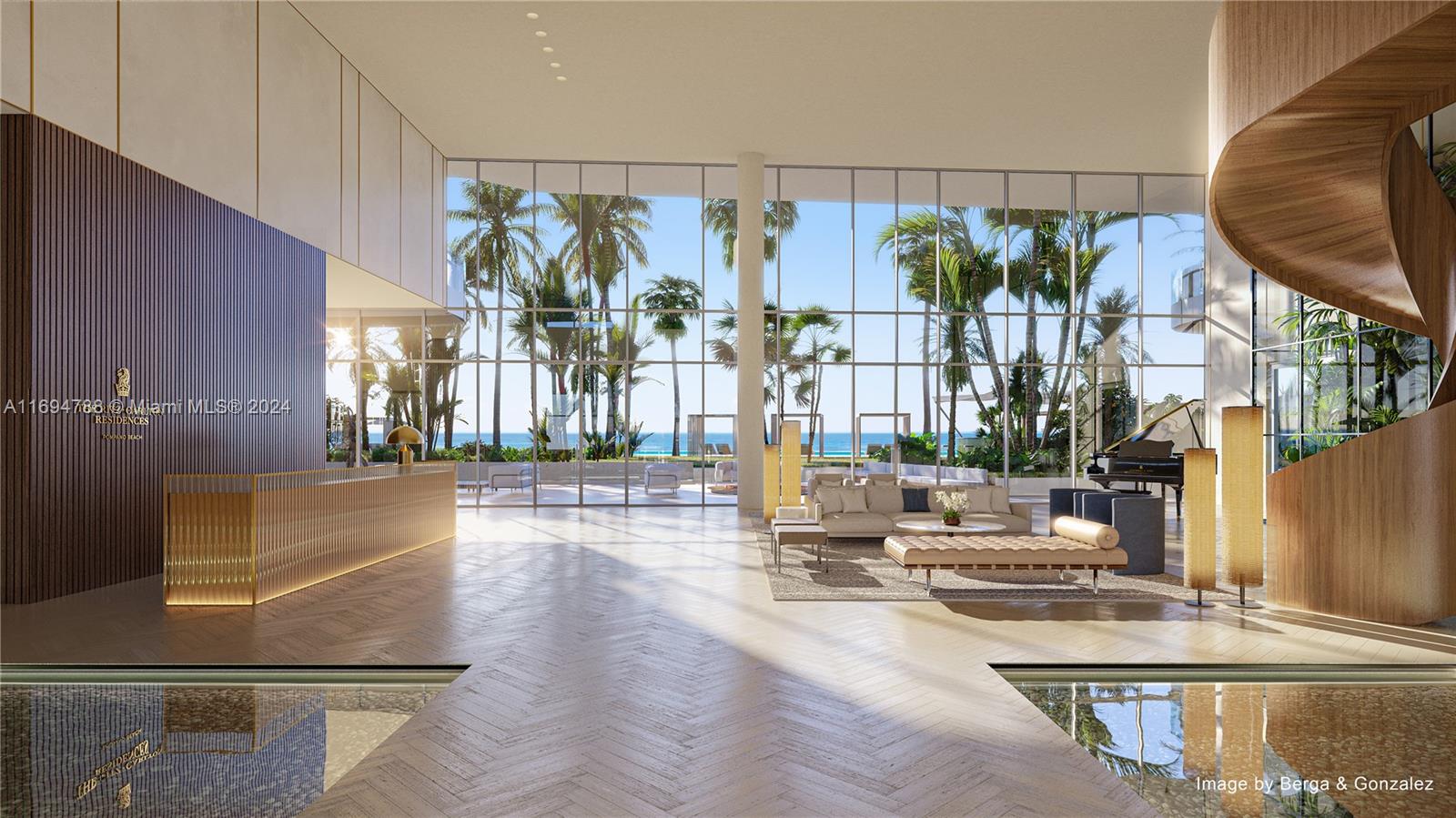 This rendering shows a modern lobby with a reception desk, lounge area, and ocean view — 1380 S Ocean Blvd # 1001, Pompano Beach FL 33062, POMPANO BEACH, FL