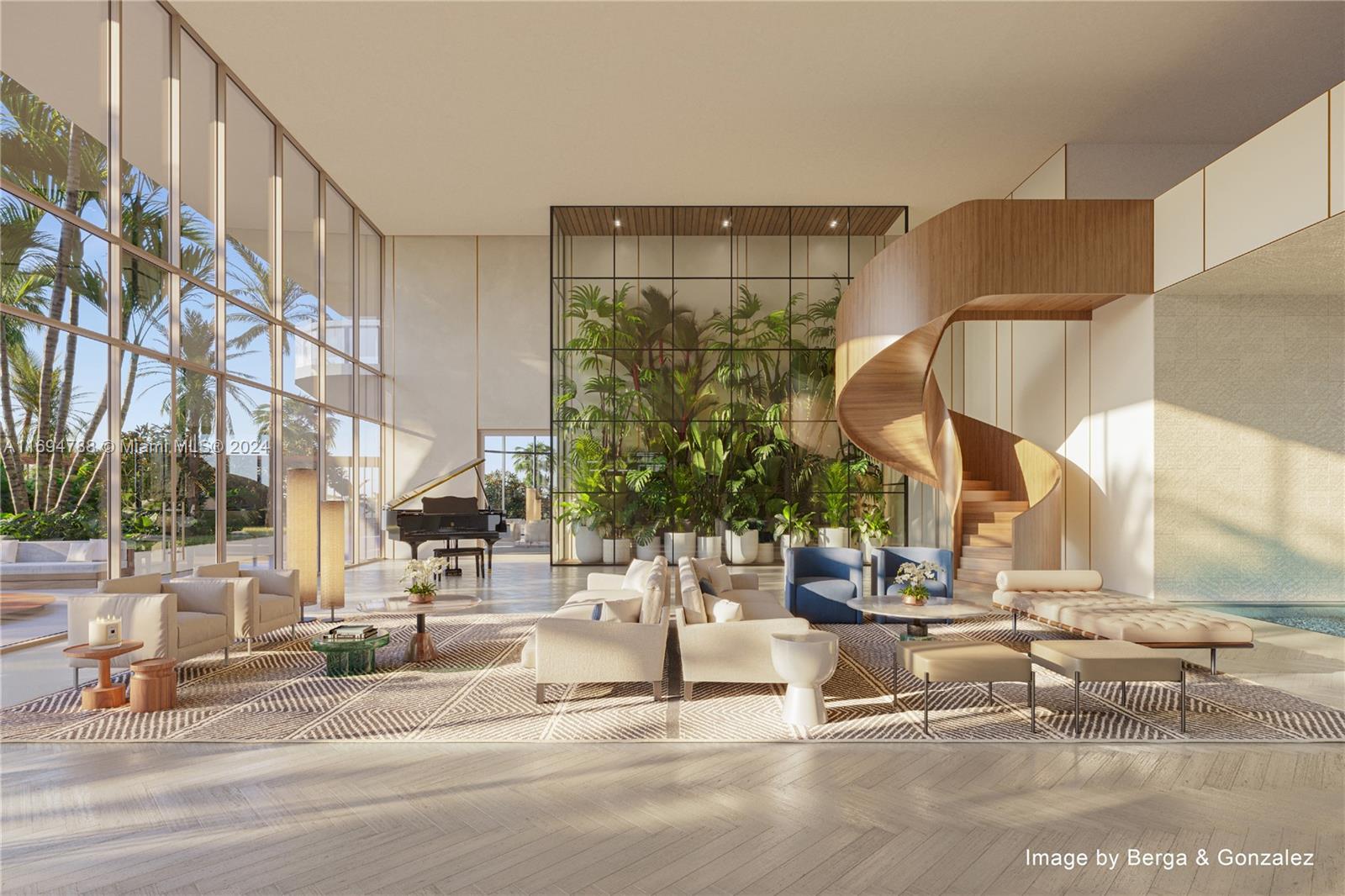 This rendering shows a modern, double-height lobby featuring a spiral staircase and indoor glass garden — 1380 S Ocean Blvd # 1001, Pompano Beach FL 33062, POMPANO BEACH, FL