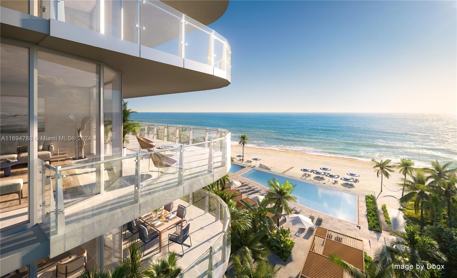 This architectural rendering shows a luxury oceanfront balcony overlooking a swimming pool and the beach — 1380 S Ocean Blvd # 1001, Pompano Beach FL 33062, POMPANO BEACH, FL