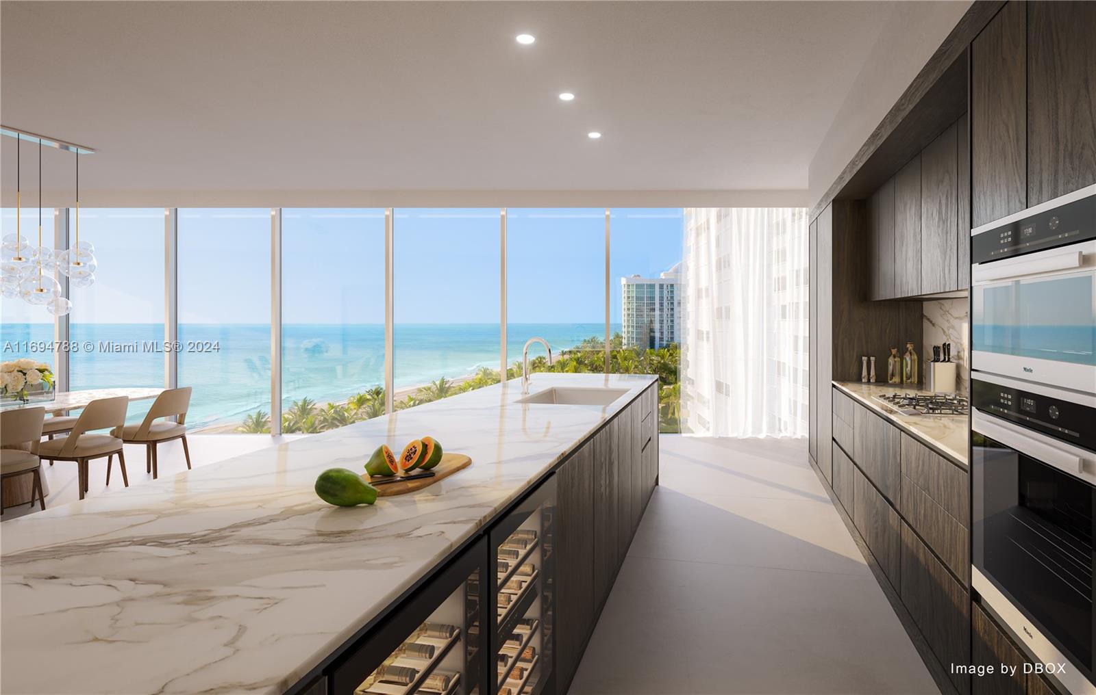 This rendering shows a modern kitchen with a marble island, dark cabinetry, and ocean views — 1380 S Ocean Blvd # 1001, Pompano Beach FL 33062, POMPANO BEACH, FL