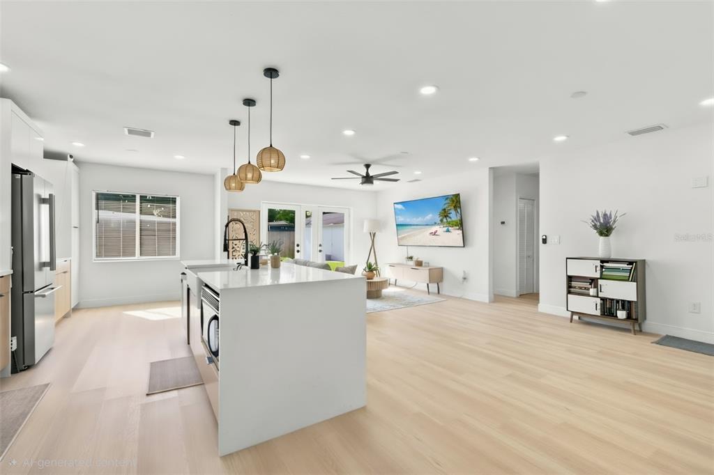 A modern open-concept kitchen and living area featuring a white island and light wood flooring — 7017 20TH STREET N, ST PETERSBURG, FL