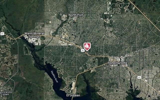 This is a satellite map showing the location of a property in the North Port area — 282 LONGLEY DRIVE, PORT CHARLOTTE, FL