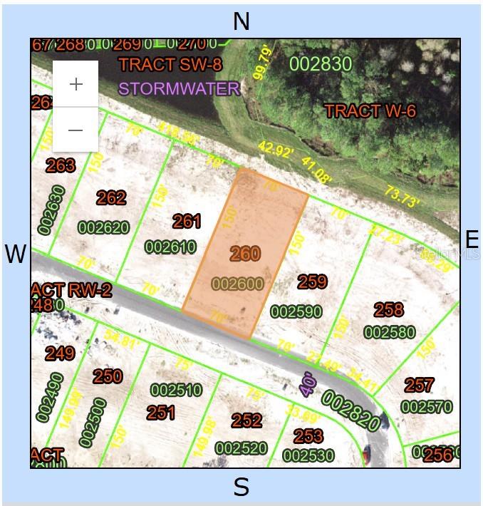 This is a property map showing lot 260 highlighted among surrounding residential plots and stormwater tracts — 1423 BUTTERFLY MILKWEED COURT, DAVENPORT, FL