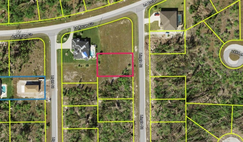 An aerial map shows a vacant rectangular lot highlighted in pink along a residential street — 9243 LINGLE STREET, PORT CHARLOTTE, FL