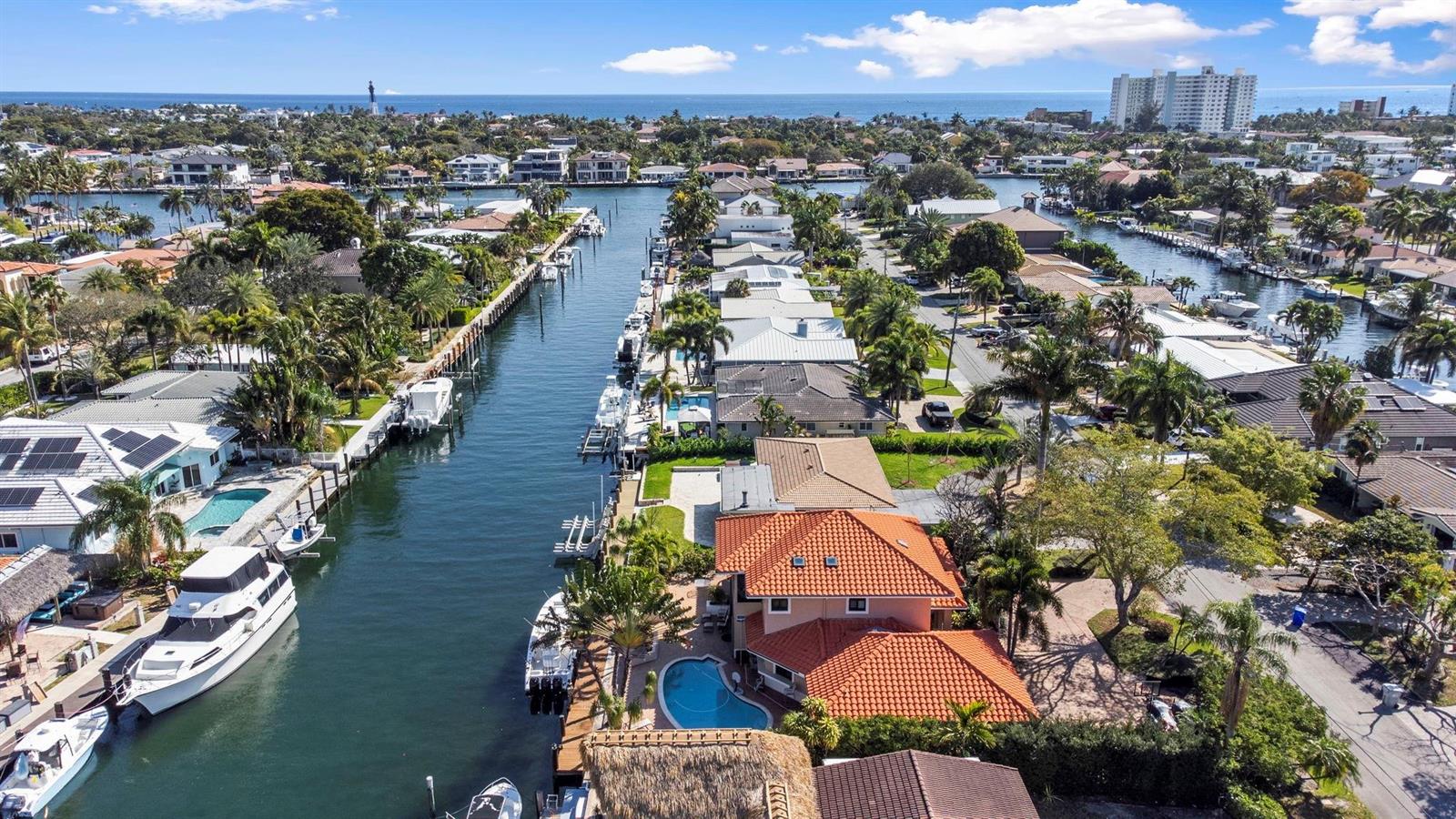 An aerial view shows waterfront homes with pools and boats docked along a canal — 2865 NE 19th Street, Pompano Beach FL 33062, POMPANO BEACH, FL