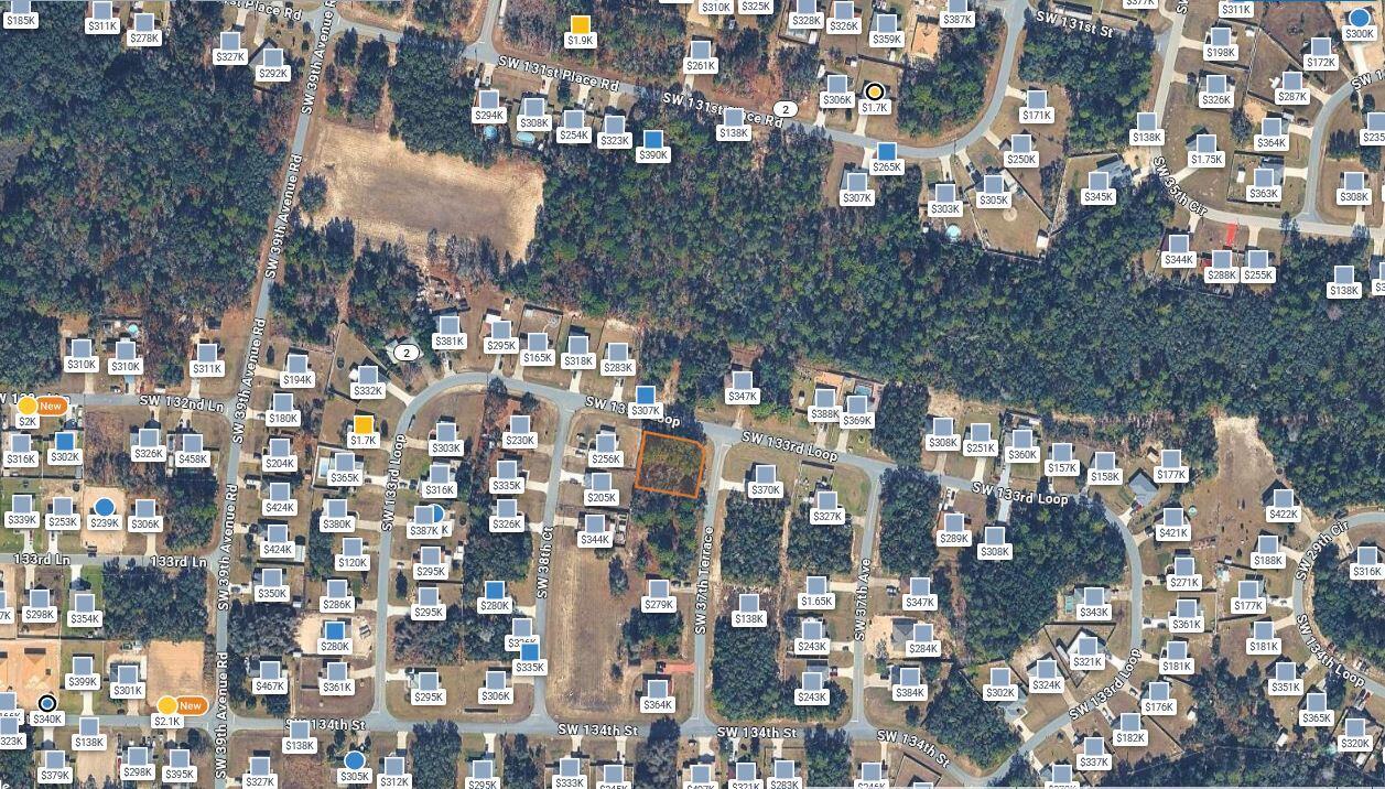 This is a satellite map view of a residential neighborhood with property value labels — 00 SW 133 Loop, Ocala FL 34473, OCALA, FL