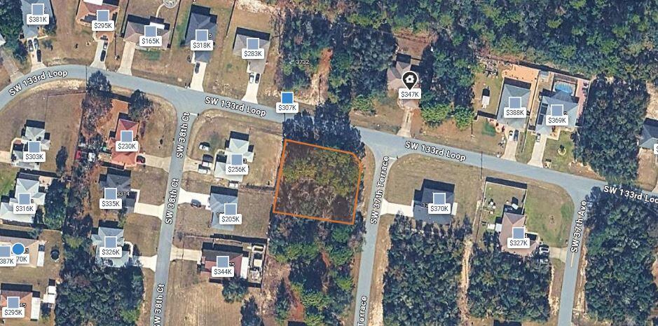 This is an aerial map showing a vacant lot outlined in orange within a residential neighborhood — 00 SW 133 Loop, Ocala FL 34473, OCALA, FL