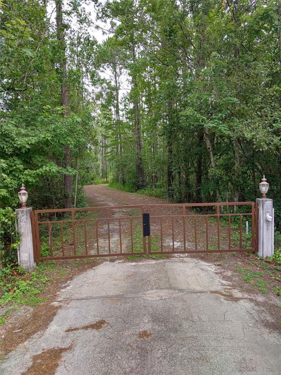 A brown metal gate stands at the entrance of a wooded dirt driveway — 10411 COUNTY ROAD 474, CLERMONT, FL