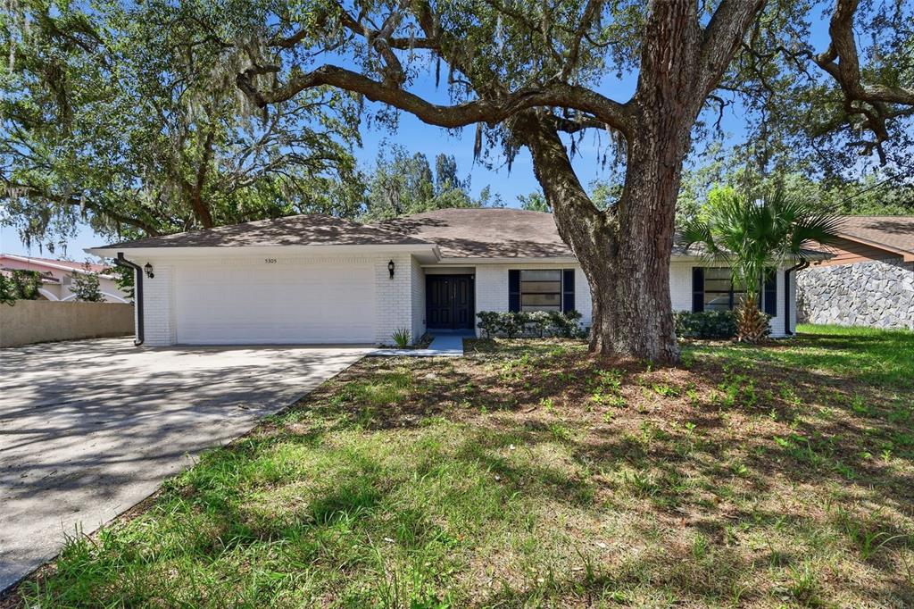 A single-story white brick house with a two-car garage and a large oak tree — 5305 E 127TH AVENUE, TAMPA, FL