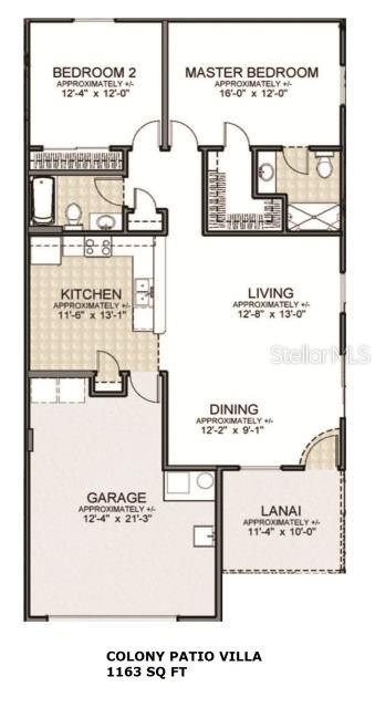 This is a floor plan for a two-bedroom, two-bathroom Colony Patio Villa — 17470 SE 93RD VINE AVENUE, THE VILLAGES, FL